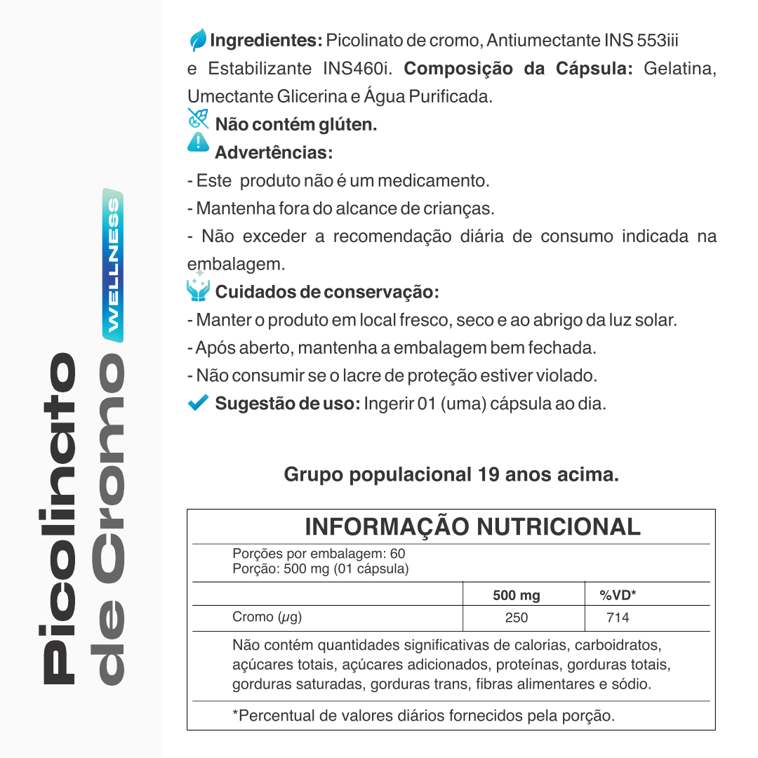 Picolinato de Cromo 500mg 60 Cápsulas