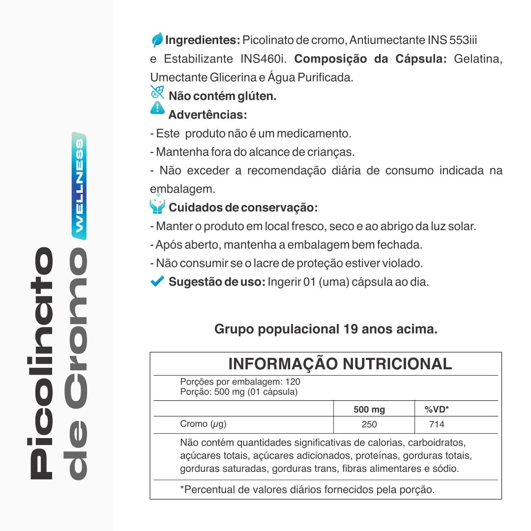 Picolinato de Cromo 500mg 120 Cápsulas